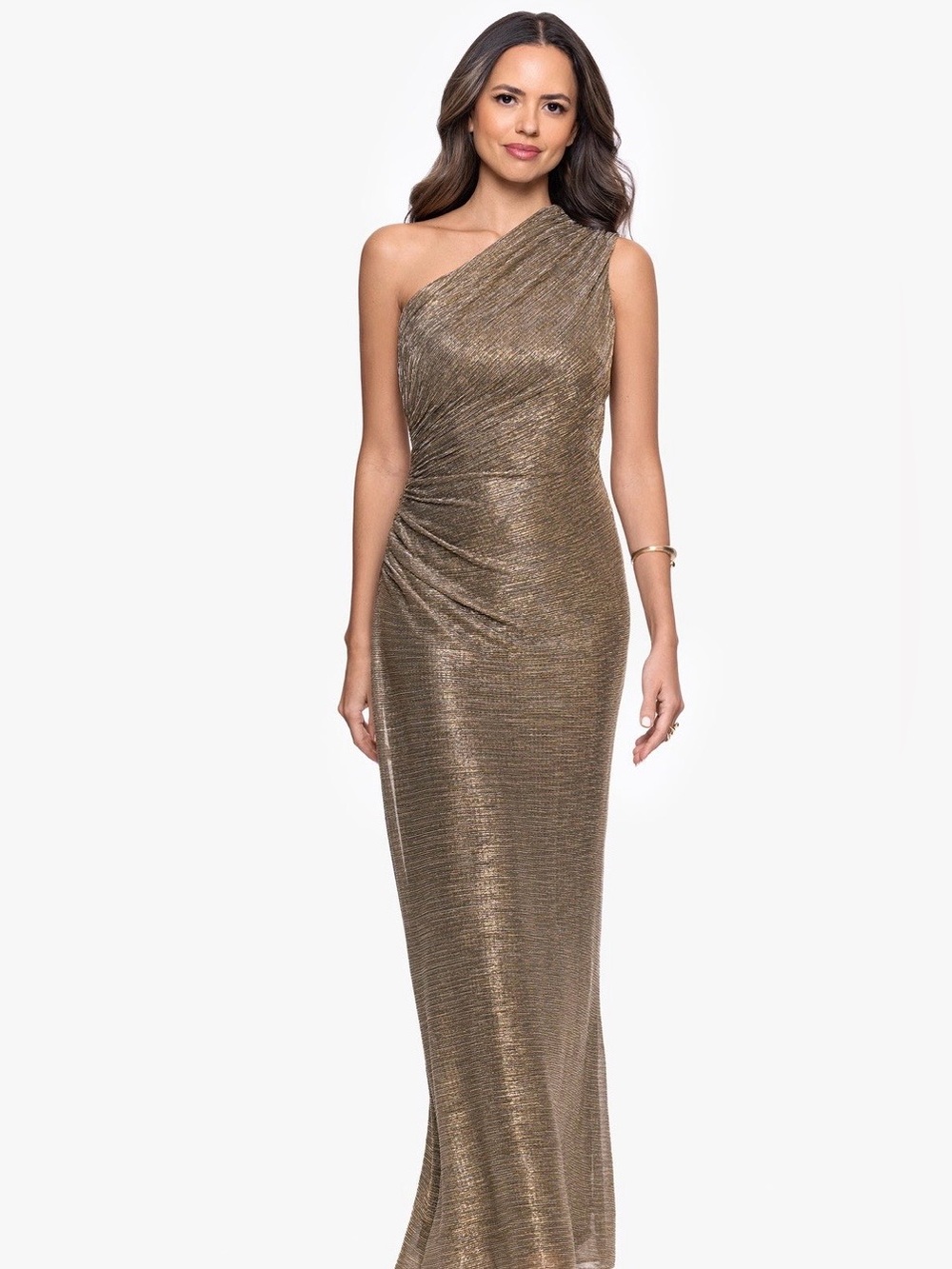 Betsy & Adam Bayley One-Shoulder Metallic Bronze Gown
